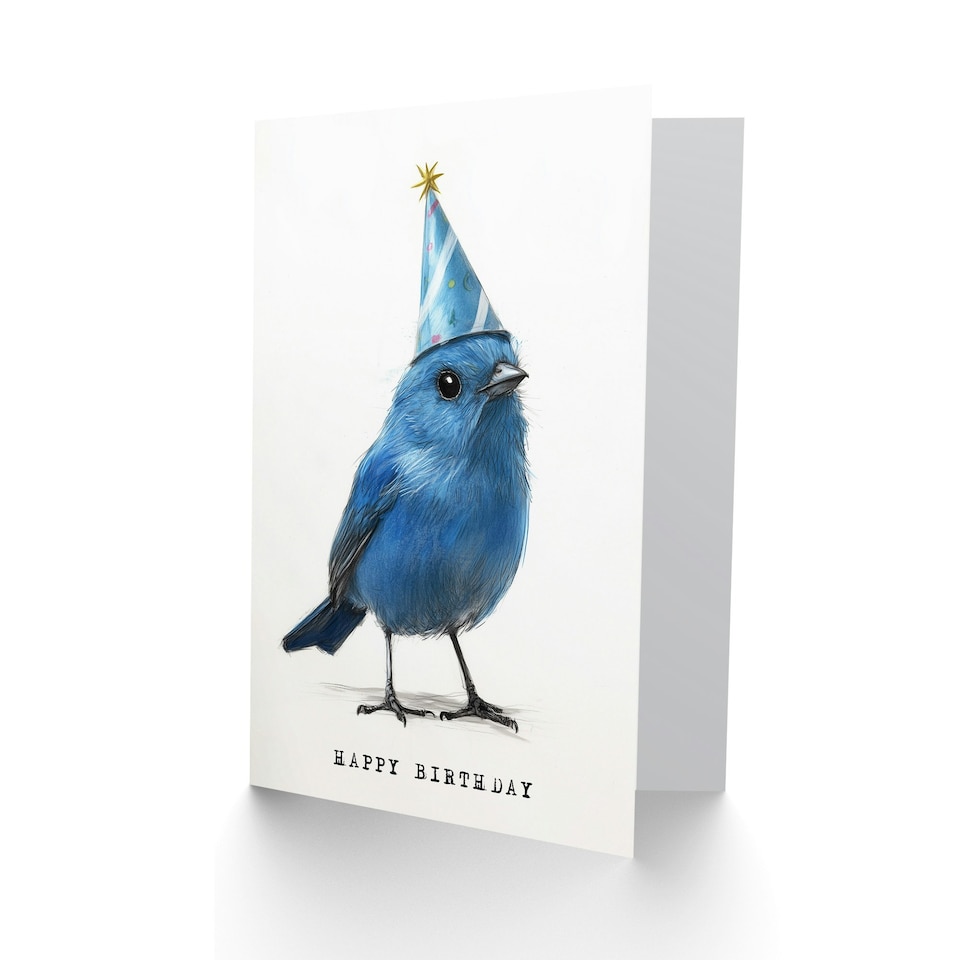 image 1 of Cute Blue Bird With a Party Hat Painting Birthday Card