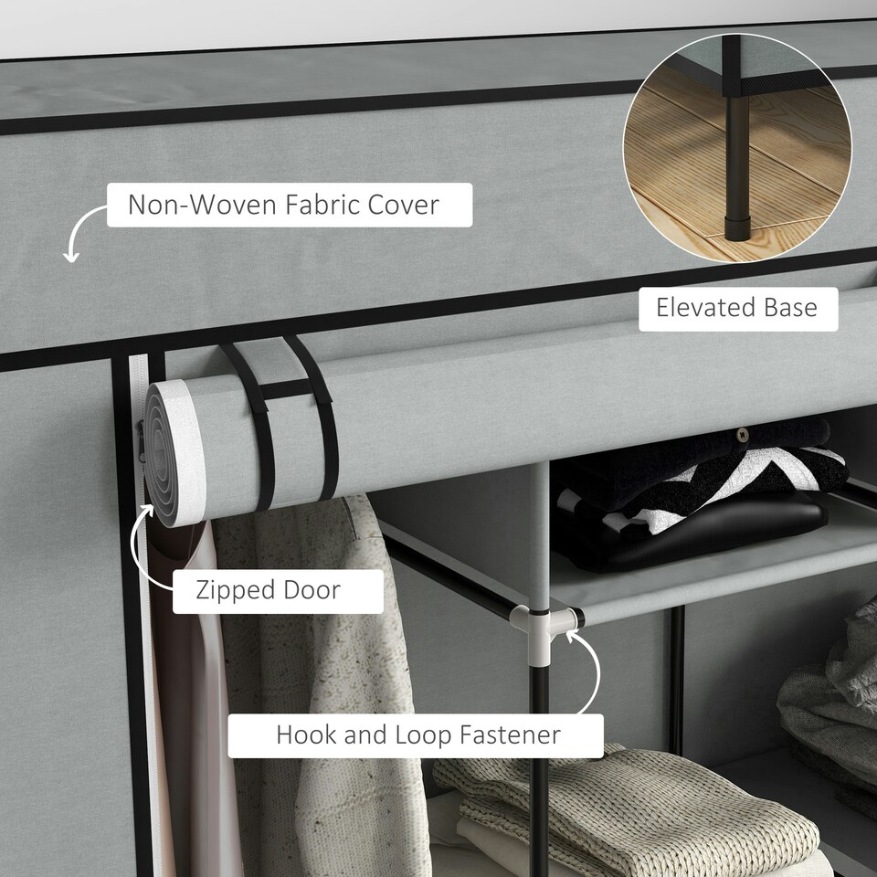 image 1 of HOMCOM Fabric Wardrobe w/ 12 Shelves 2 Hanging Rails Foldable Closets Grey