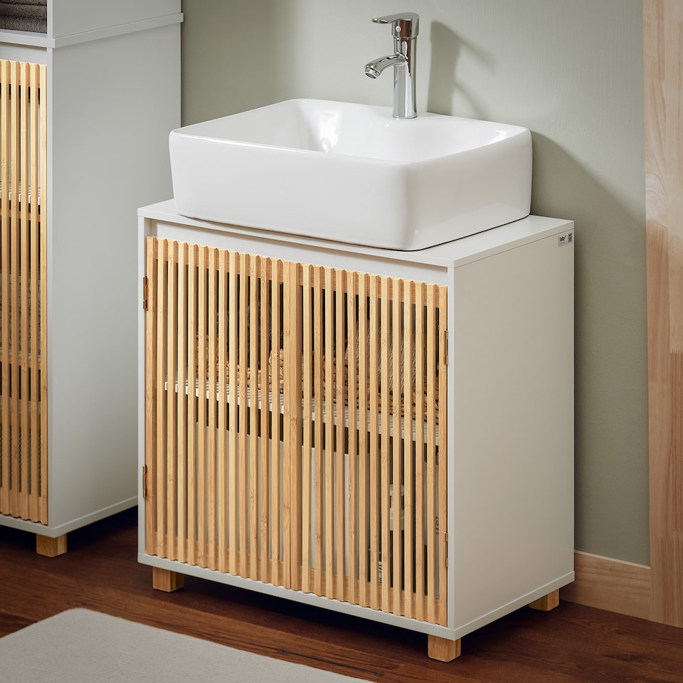 image 1 of SoBuy Under Sink Cabinet with 2 Bamboo Slatted Doors, White, 23.6x13.0x23.6 in, 11.5 kg - BZR125-W