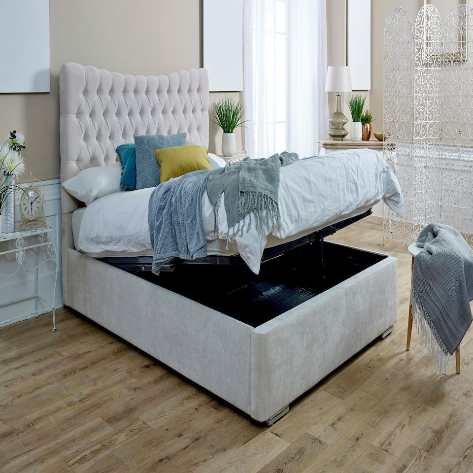 image 1 of Magenta Ottoman Plush King Bed Frame - Beige