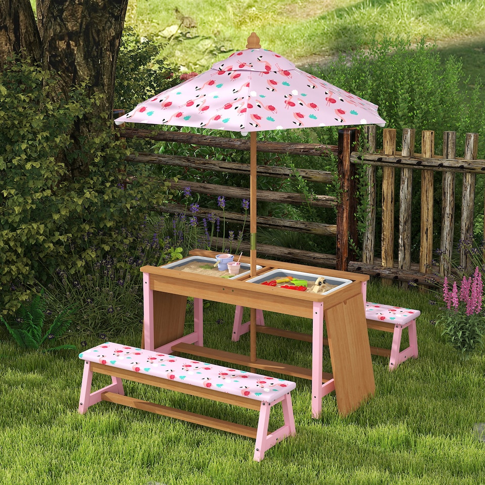 image 1 of AIYAPLAY Kids Picnic Table, Wooden Children Garden Table and Bench Set, Pink | Pink