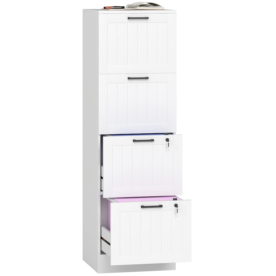 image 1 of HOMCOM 4 Drawer File Cabinet with Lock, Vertical Filing Cabinet with Adjustable Hanging Bars for A4 and Letter Size File Folders, Printer Stand with Storage, White | White | White