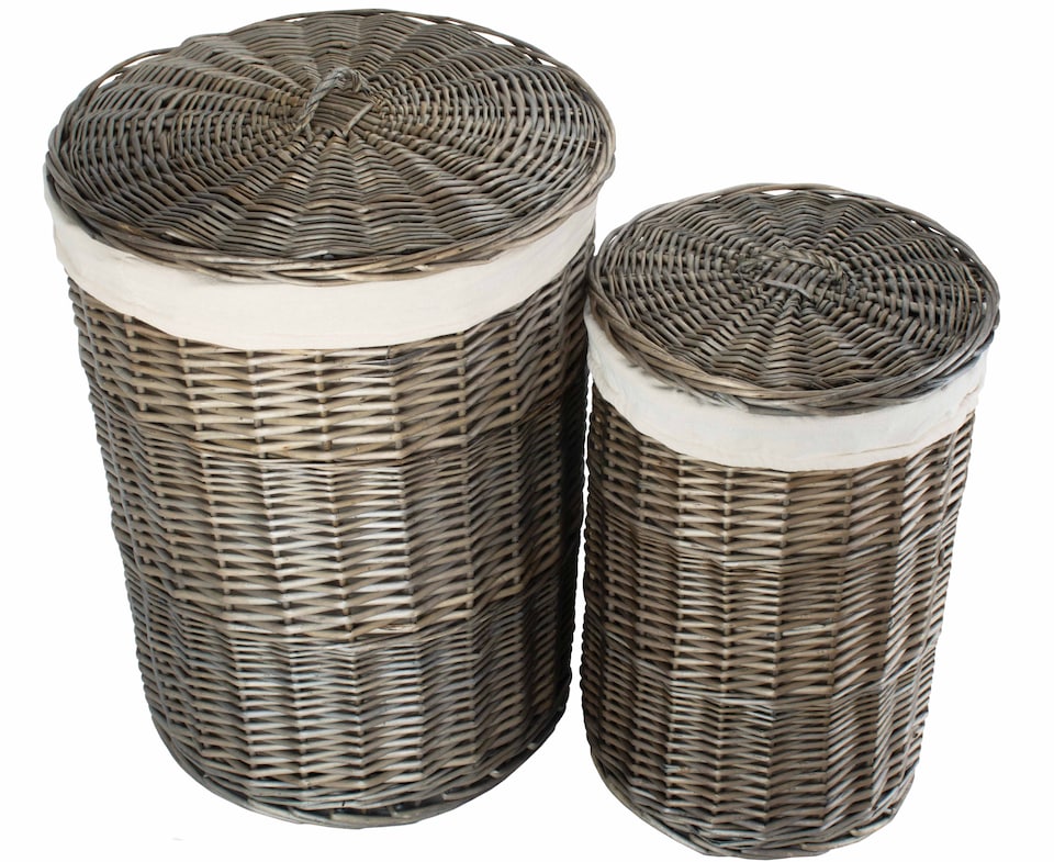 image 1 of Antique Wash Round Laundry Basket Set of 2 | White | White