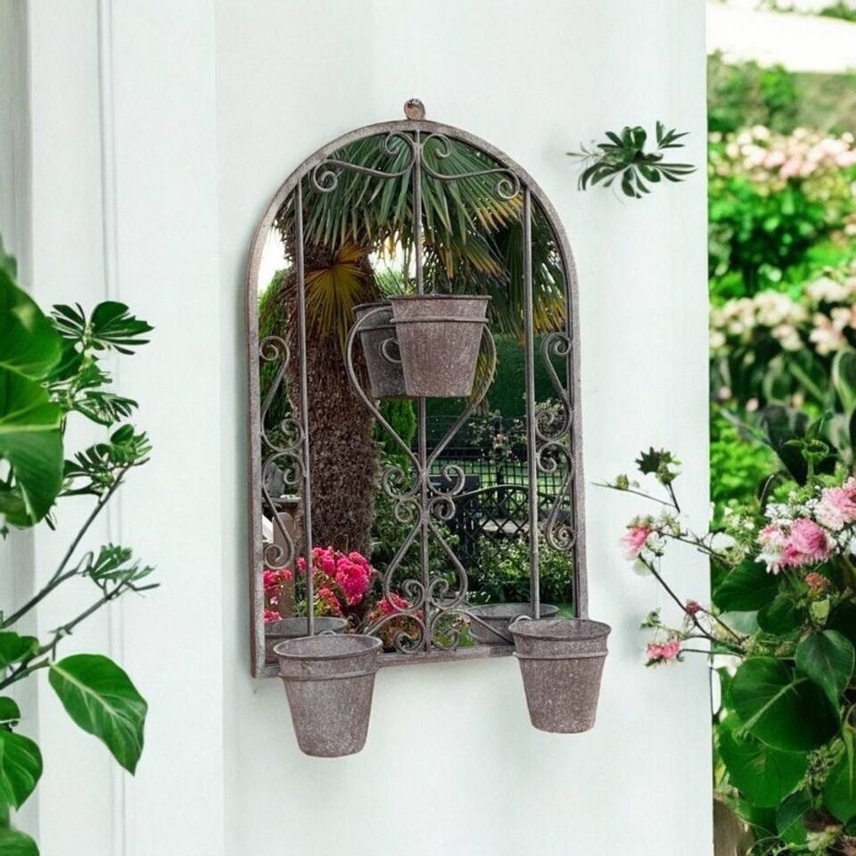 image 1 of Wall Mirror with Triple Planter for Garden Décor - Distressed Metal - L15 x W45 x H78 cm Grey