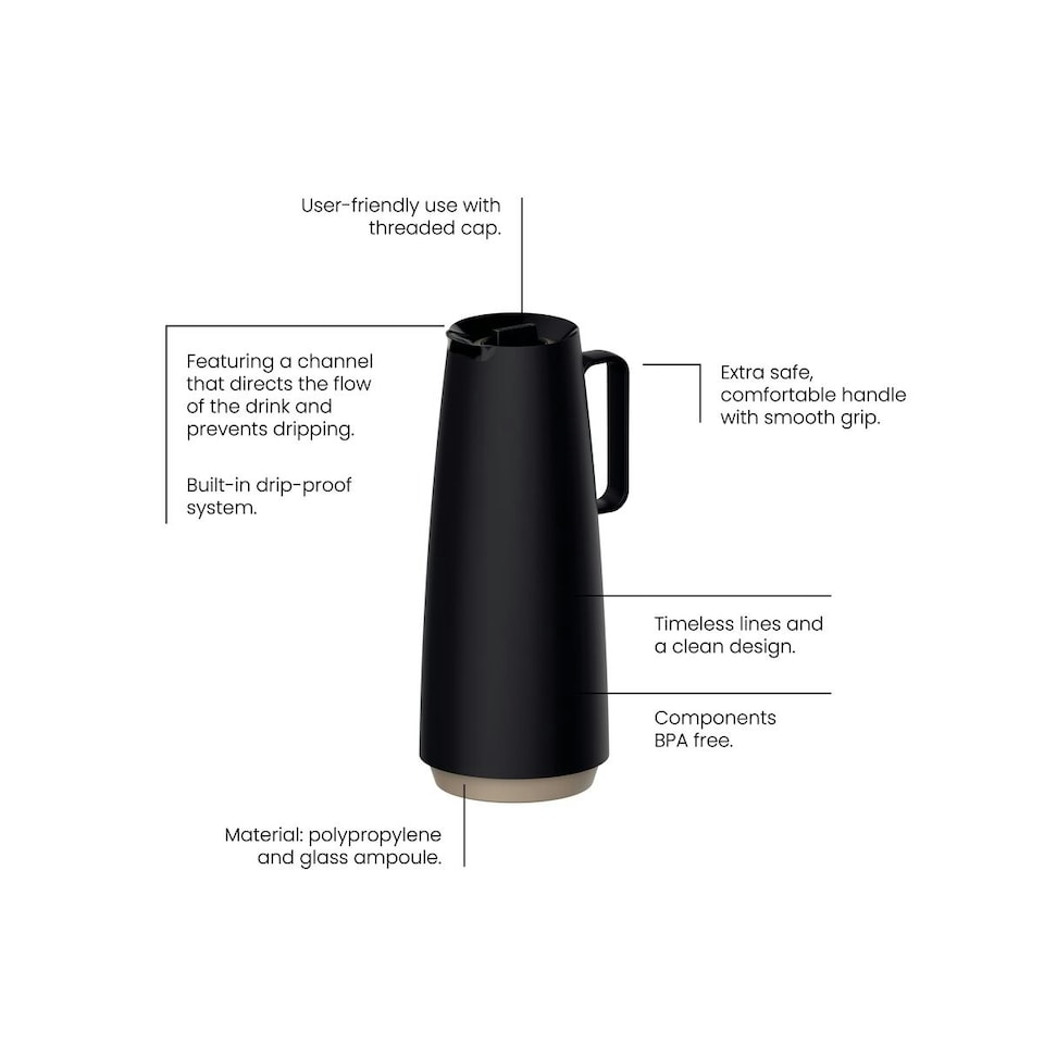 image 1 of Tramontina Thermal Flask with Interior Glass Container (Black, 1.0l)