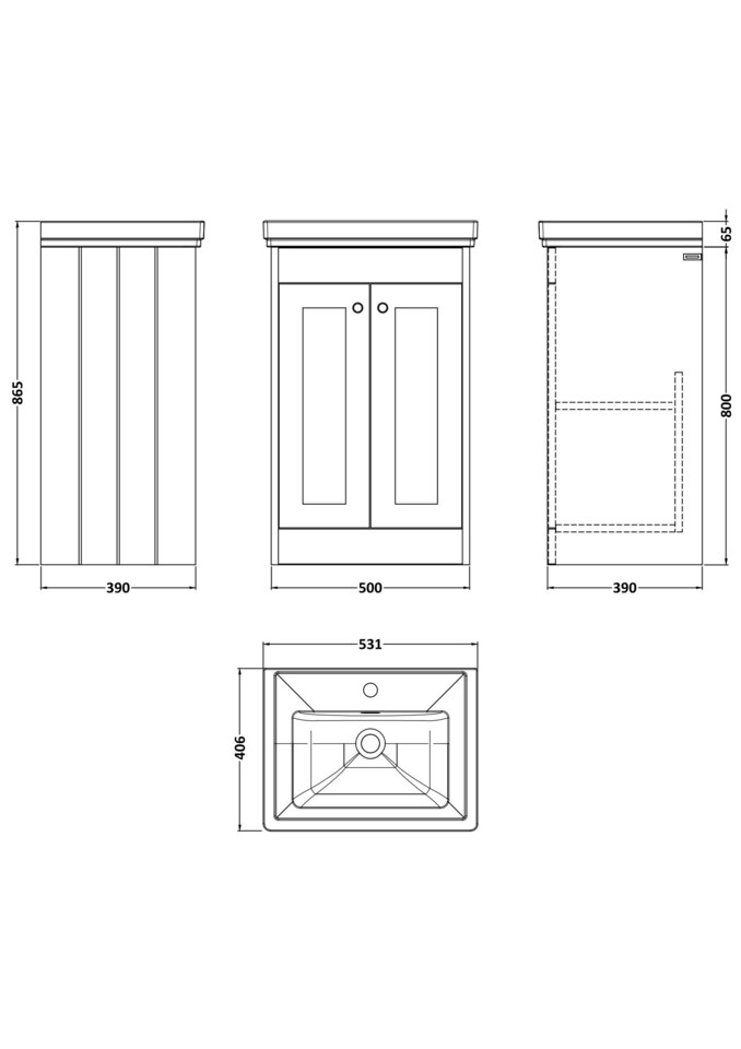 image 1 of Balterley Floor Standing 2 Door Unit with Classic Basin 1 Tap Hole | Green | 800 x 500 x 390mm