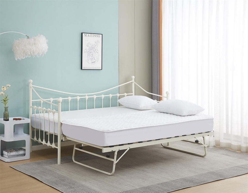image 1 of Daybed With Pull Out Trundle White 3ft Single Bed and 2 Mattresses Metal Guest Room Bedroom Living Room