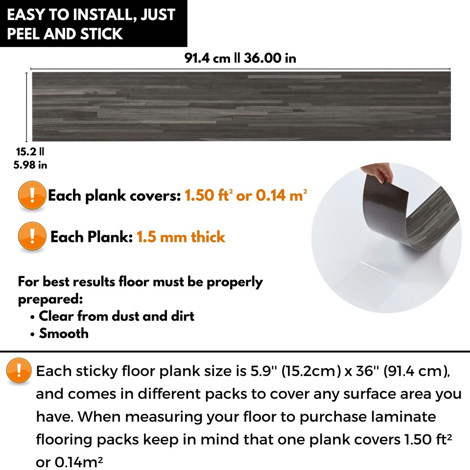 image 1 of NOVECRAFTO Self Adhesive Floor Planks | 36x5.98in (91.4x15.2cm) Each | Peel & Stick Vinyl Flooring | Dark Shadowline Flow Wood Effect | Waterproof DIY Tiles Black | 2.78 sqm