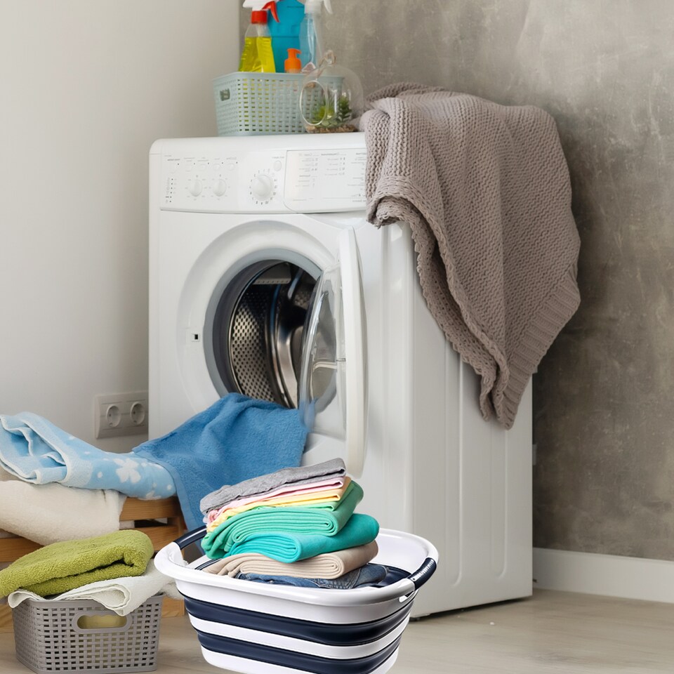 image 1 of 40L Oval Collapsible Laundry Basket, Foldable Plastic Laundry Hamper