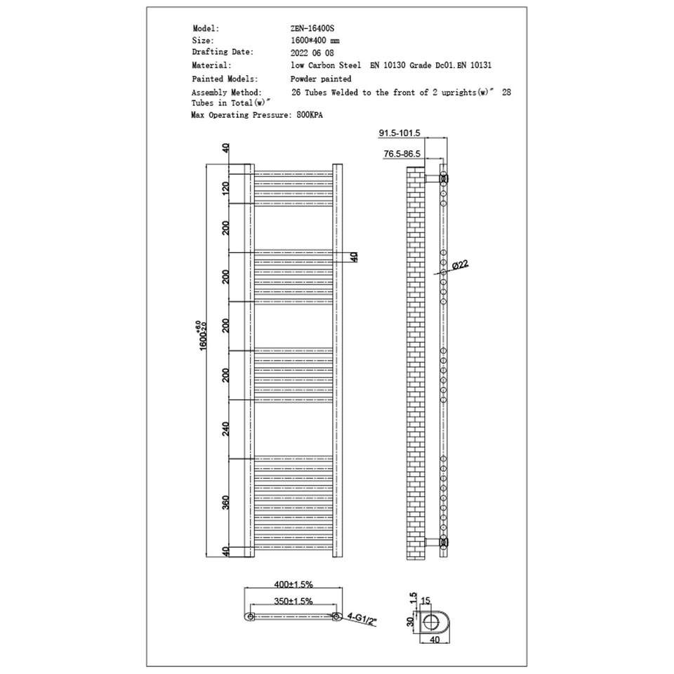 image 1 of Zennor - White Heated Towel Rail - H1600mm x W400mm - Straight