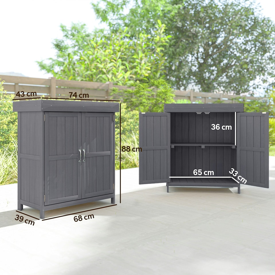 image 1 of Outsunny Wooden Garden Shed Double Door Tool Storage House, 74x43x88cm, Grey