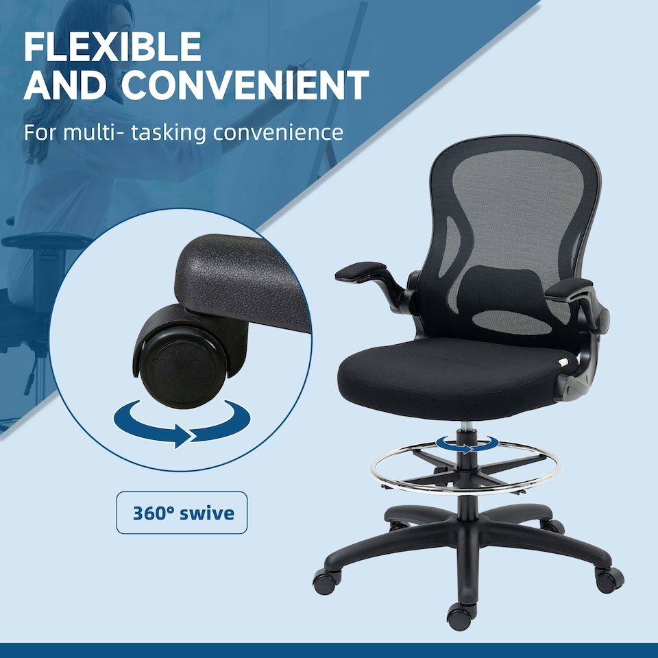 image 1 of Vinsetto Draughtsman Chair Mesh Chair w/ Adjustable Footrest Ring, Black