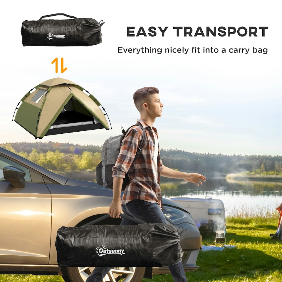 image 1 of Outsunny 3-4 Man Camping Tent Portable with Bag, Quick Setup, Dark Green