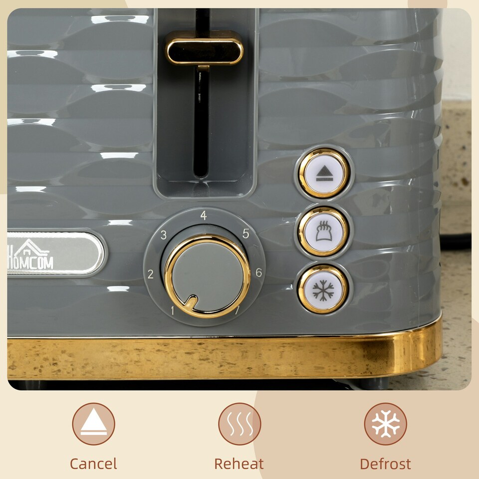 image 1 of HOMCOM Toaster with 4 Slot, 7 Browning Levels, 1600W, Grey Ripple Grey | Rose gold accents | 29.2L x 27.5W x 18.9Hcm