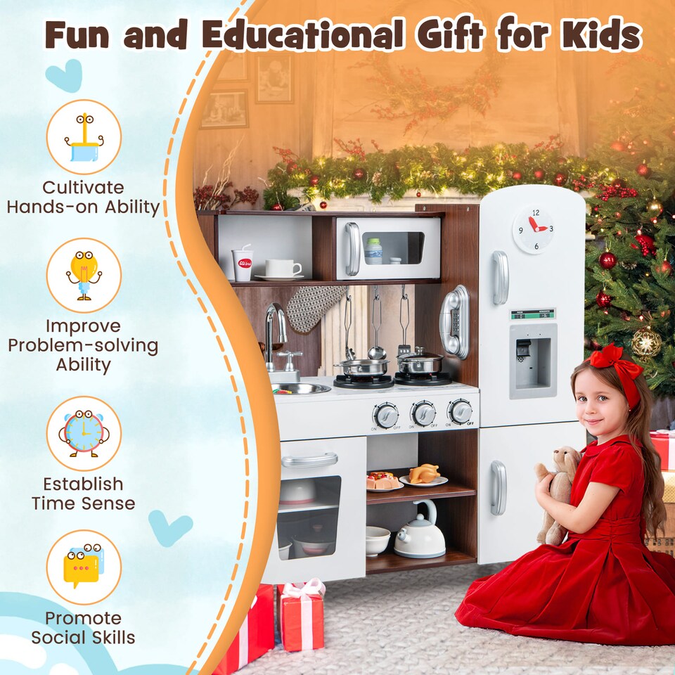 image 1 of COSTWAY Toddler Kitchen Playset Wooden Kids Kitchen With  Lights & Sounds