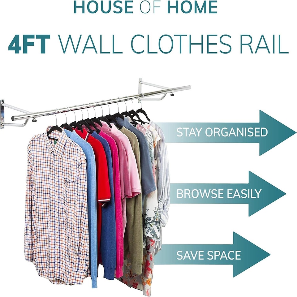 image 1 of House of Home 4ft Clothes Rail Black Wall Mounted Garment Hanging Wardrobe Rack Storage