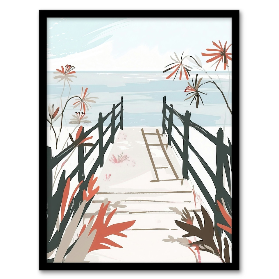 image 1 of Beach Trail Soft Pastel Red Boho Floral Black Framed Wall Art Print A4