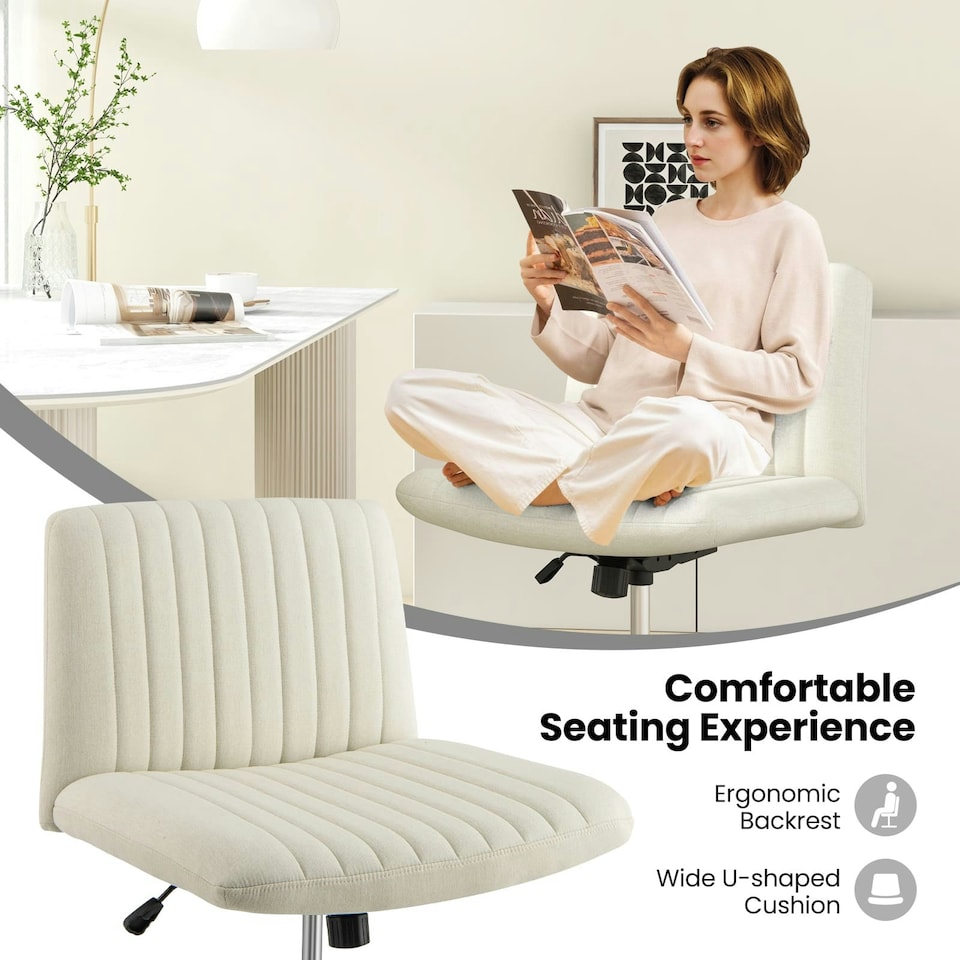 image 1 of COSTWAY Criss Cross Legged Chair Home Office Chair Beige White