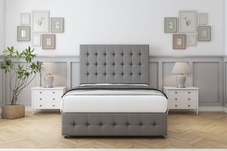 image 1 of Sloomy Berlin Pewter Dumfries Divan Bed With Mattress 4 Drawers With 54" Floor Standing Headboard & 12" Matching Footboard 4' Small Double | Grey | Pewter | Small Double | 1