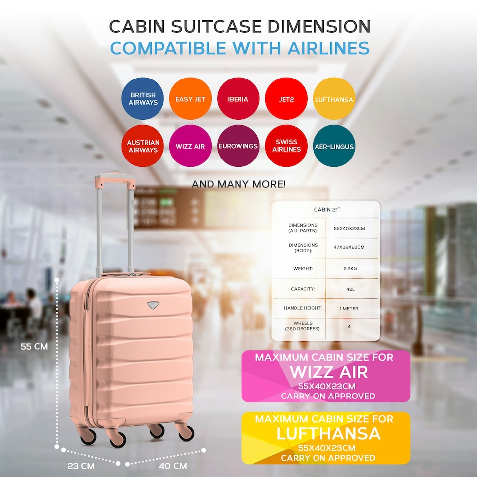 image 1 of Flight Knight 55x40x23cm Cabin Bag, Suitcase for Lufthansa & Over 30 Airlines Including British Airways, EasyJet - Lightweight 4 Wheel Carry On Suitcase | Pink | Rose | Cabin Bag
