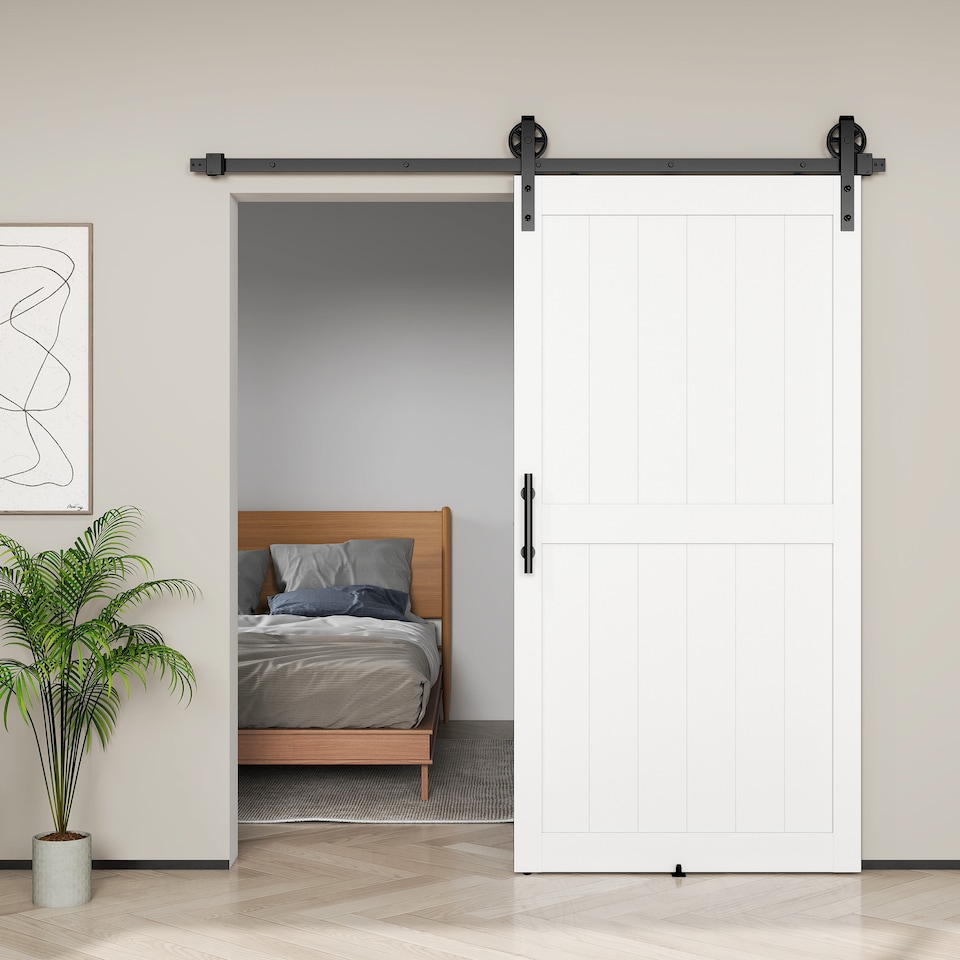 image 1 of HOMCOM 213.4cm Sliding Barn Door Kit, Sliding Door with Track, White