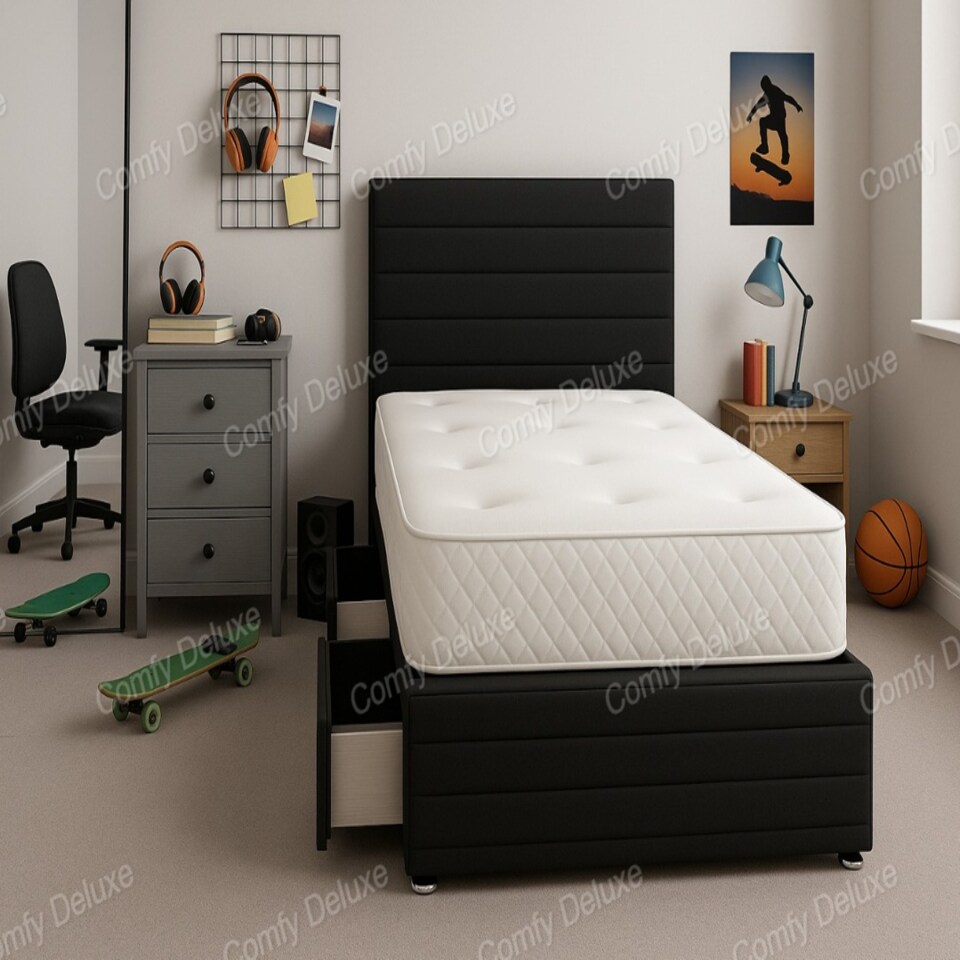 Black Jin Plush Lined 4ft6 Double Divan Bed Set Headboard & Footboard - 2 Drawers Left Side Laying in Bed