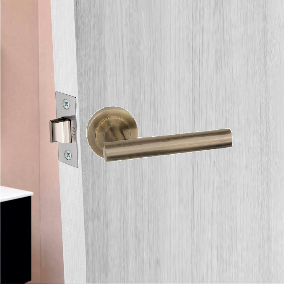 image 1 of Golden Grace Straight T-Bar Design Bathroom Door Handles Set in Antique Brass Finish with Thumbturn and Mortise Lock Gold