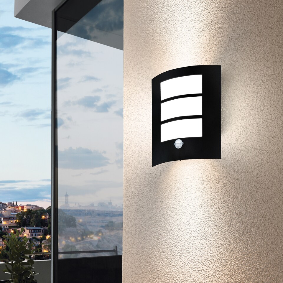 image 1 of EGLO City 1-Light Black Outdoor Wall Lamp With Motion Sensor