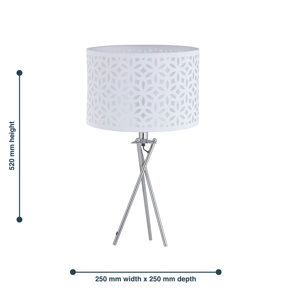 image 1 of First Choice Lighting Chrome Tripod Table Lamp with White Laser Cut Shade Chrome | White