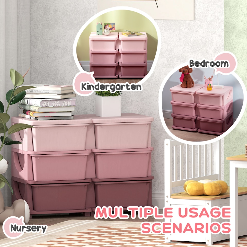 image 1 of HOMCOM Kids Storage Units with Drawers Chest Dresser Tower | Pink | 75 x 37 x 56.5cm