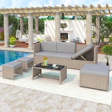 4-6 Seater Rattan Garden Furniture Seating Group with Table & Stool