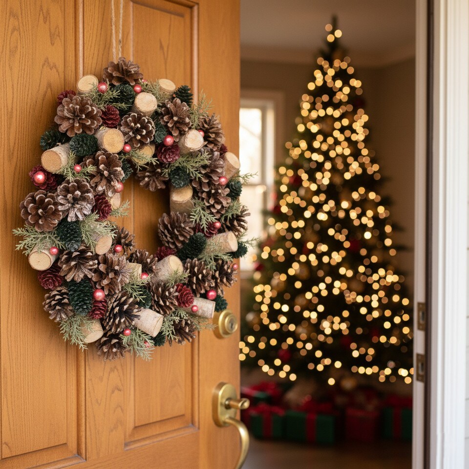 image 1 of Christmas Wreath Festive Decoration with Jute Hanger Traditional Pinecone Decor | Multi | Red, Green & Wood | 34cm | 1