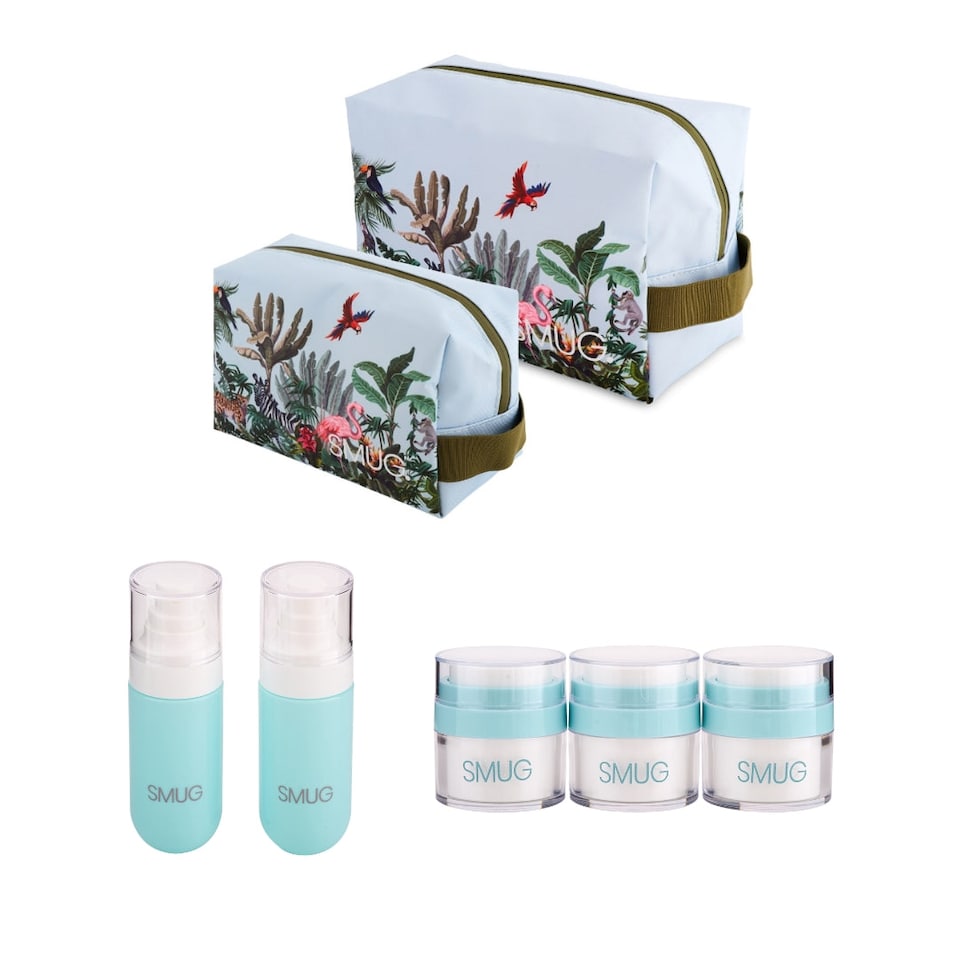 image 1 of SMUG Wash Bag, Toiletry Bag, Pump Jars & Spray Bottles Set - Jungle Print