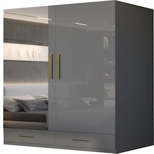 Modern 2 Door High Gloss Wardrobe with Mirror, Gold Accent Handles & Storage - 90cm Wide Grey | Grey 90cm