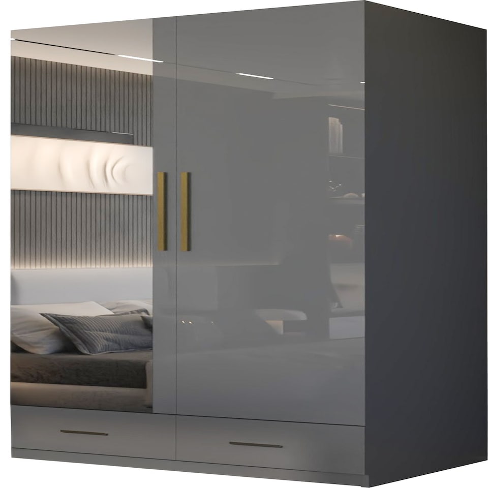 image 1 of Modern 2 Door High Gloss Wardrobe with Mirror, Gold Accent Handles & Storage - 90cm Wide Grey | Grey 90cm