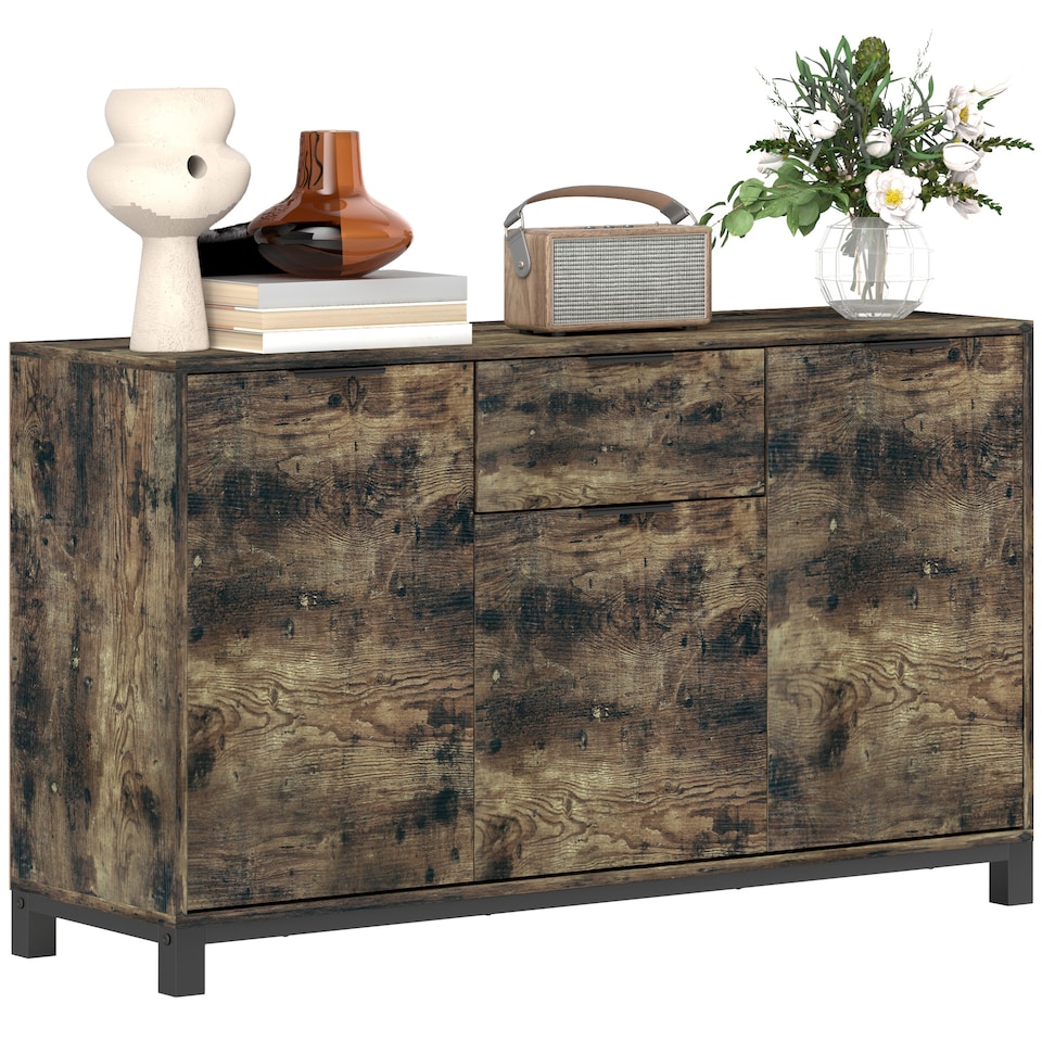 image 1 of HOMCOM Sideboard, Industrial Storage Cabinet with Doors, Drawer, Cupboard and Adjustable Shelves for Living Room, Dining Room, Hallway, Rustic Brown