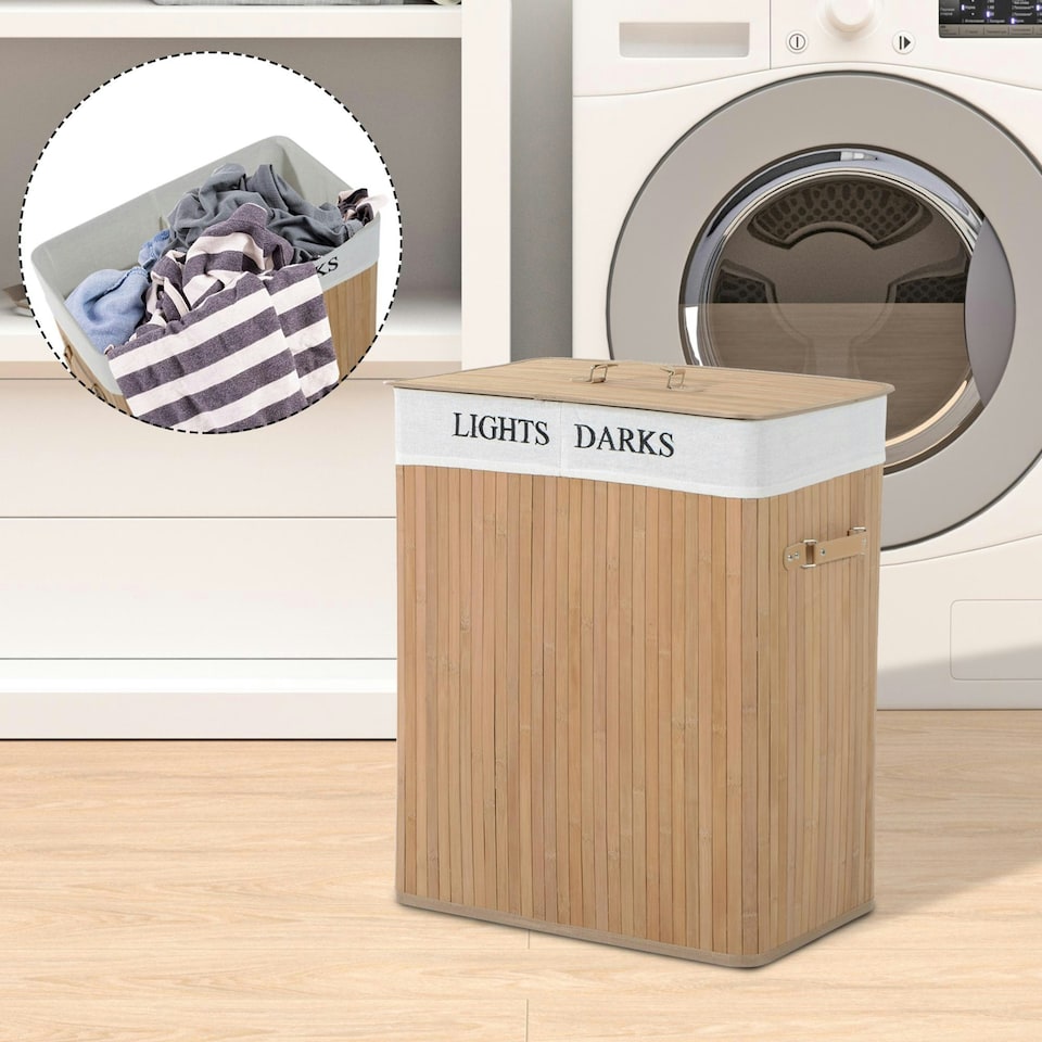 image 1 of HOMCOM 100L Laundry Hamper Large 100L Double Washing Clothes Basket Natural