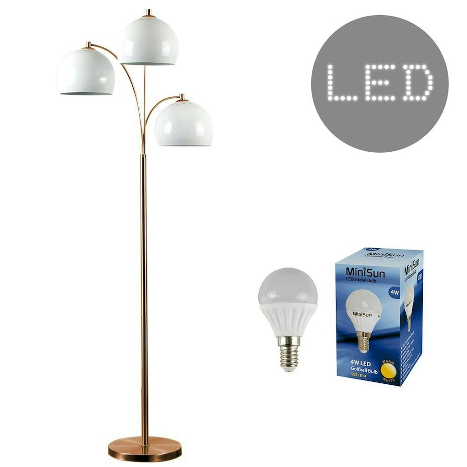 image 1 of ValueLights Dantzig Polished Copper Floor Lamp with White Dome Shade and E14 Golfball LED 4W Warm White 3000K Bulb Copper