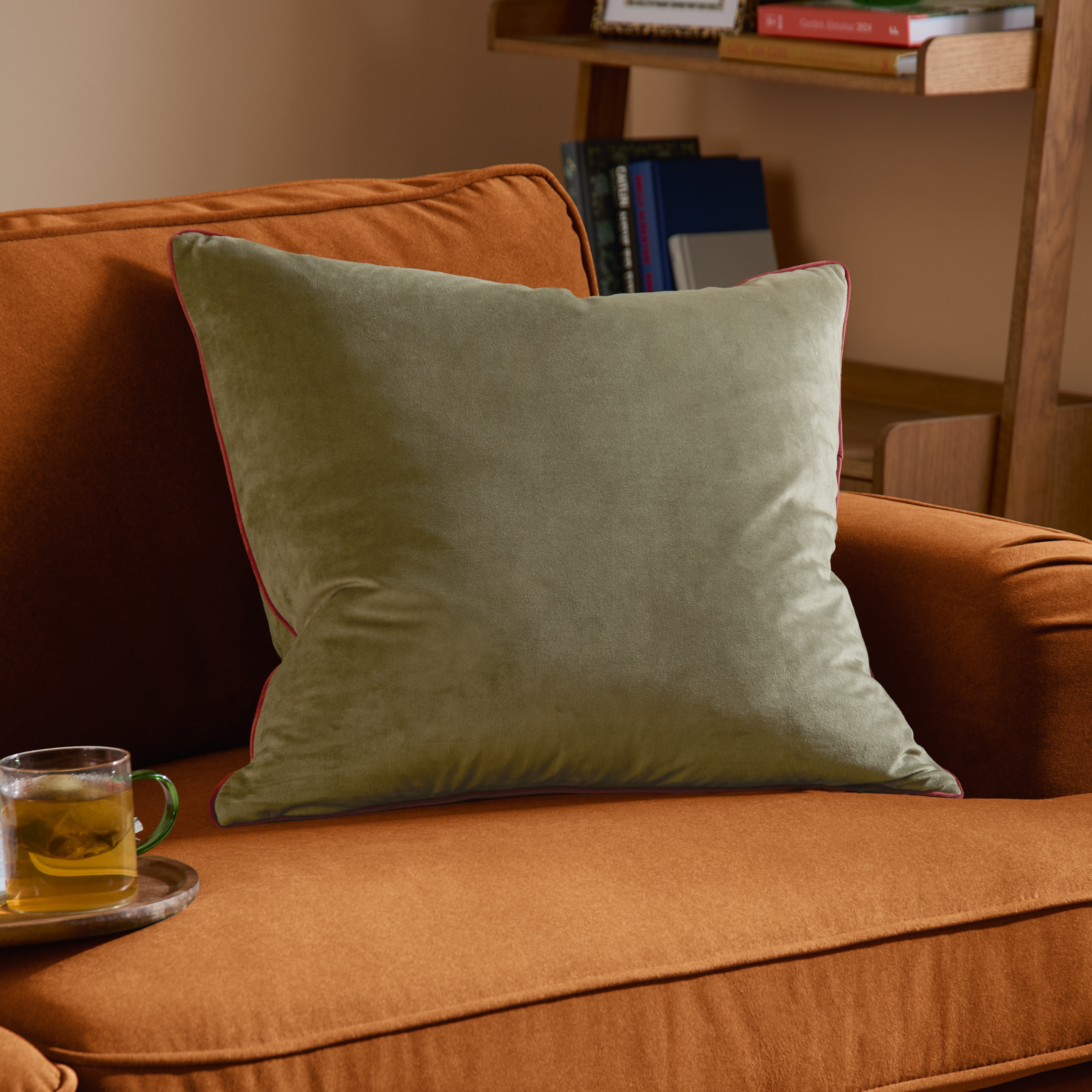 Furn Meridian Plain Velvet Piped Cushion in Khaki | Size: 55 cm x 55 cm