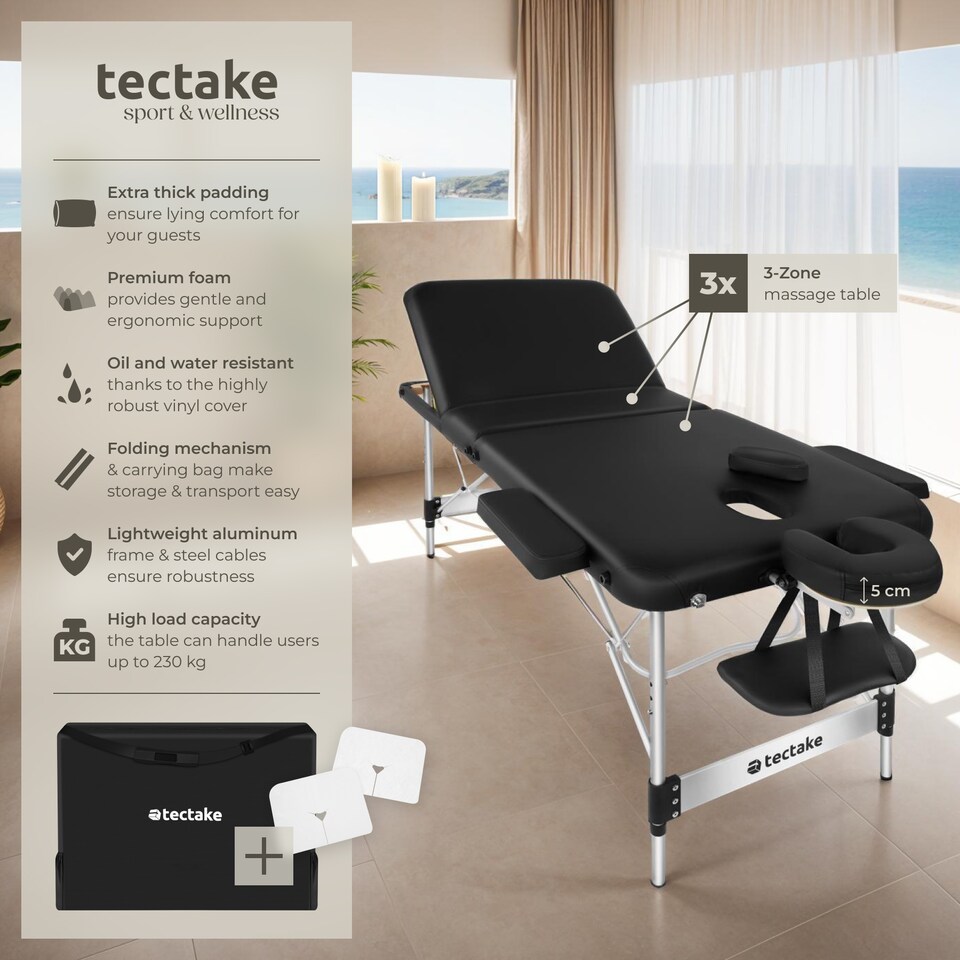 image 1 of Massage Table Ko Tao - 3 zones, 78cm wide, aluminium frame, folding, carry bag | Black | black | 1