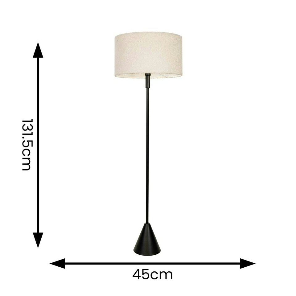 image 1 of ValueLights Mitch Boucle Drum Lamp Shade Black Wood Stem Triangle Floor Lamp with LED Bulb Black