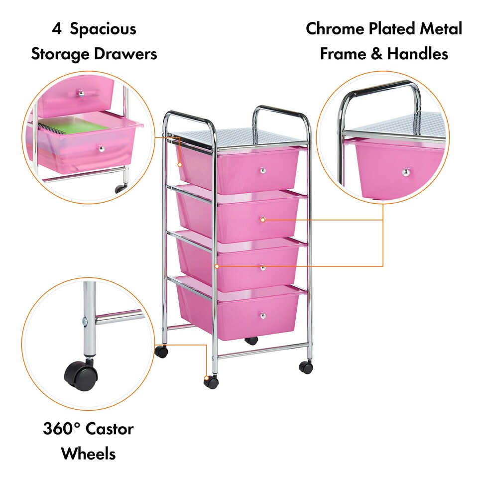 image 1 of VonHaus 4 Drawer Pink Storage Trolley with 360° Wheels