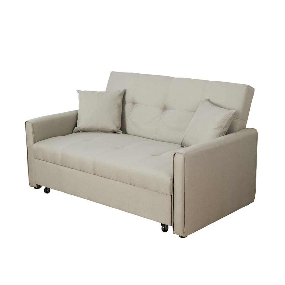 image 1 of Linen Upholstered Two Seater Pull-Out Double Sofa Bed Chair | Cream | Beige
