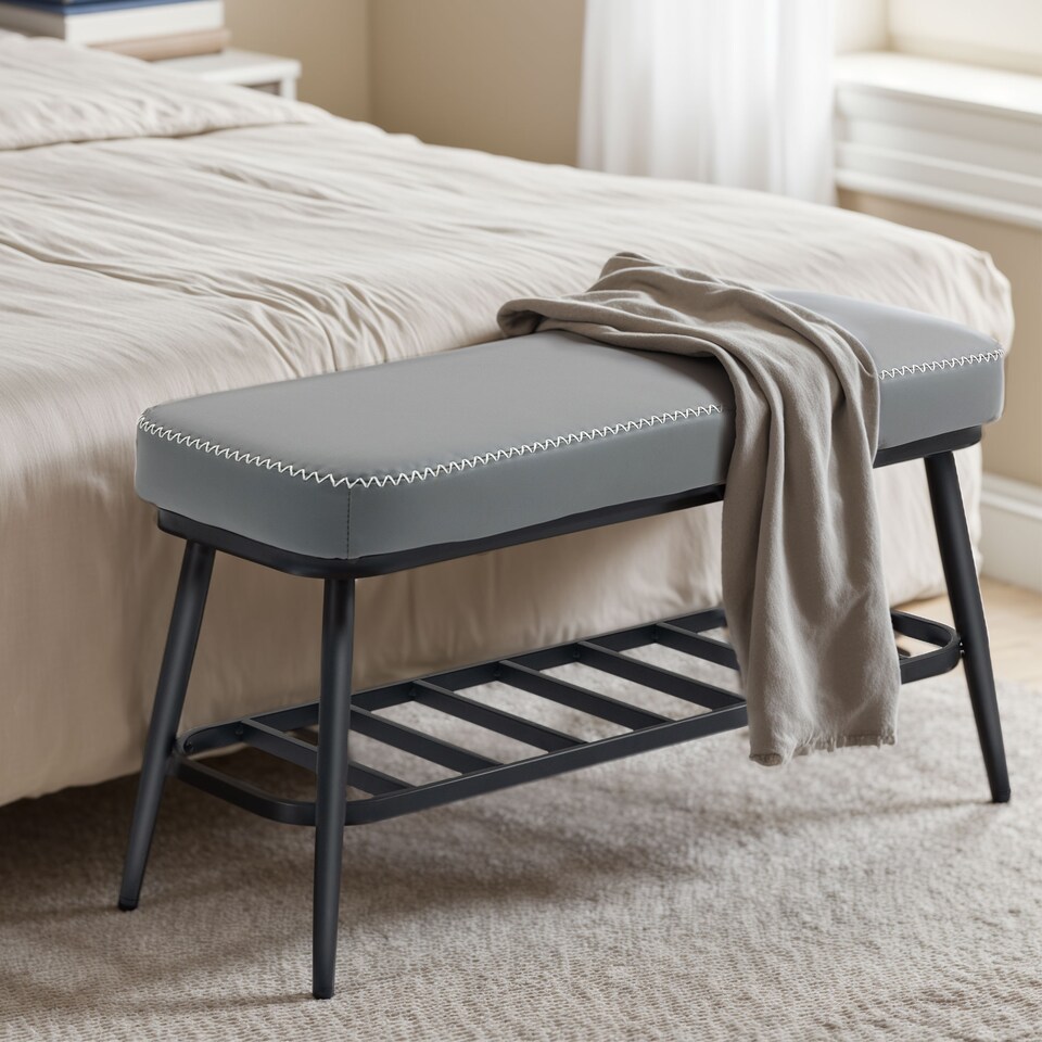 image 1 of HOMCOM Shoe Bench, PU Leather Shoe Storage Bench for Entryway, Grey | Grey | Grey