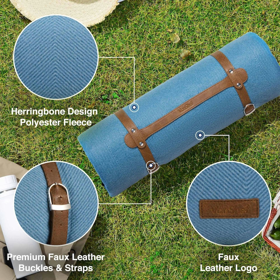 image 1 of VonShef Picnic Blanket, Large Blue Herringbone Rug with Waterproof Back, 220x200cm Blue