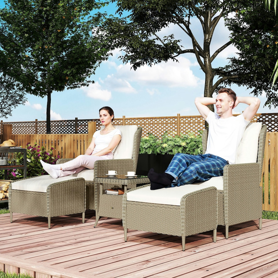 image 1 of Outsunny Rattan Garden Furniture Set with Footstools Armchairs Light Grey