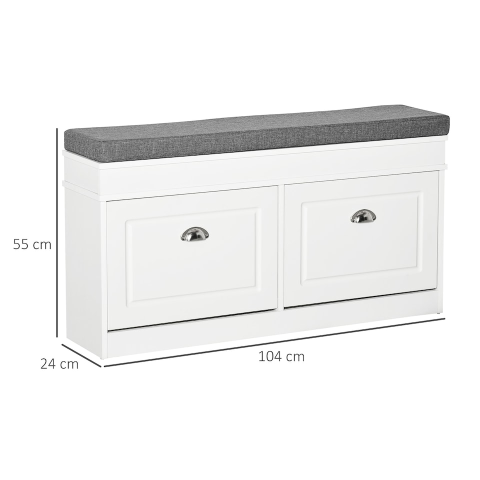 image 1 of HOMCOM Shoe Storage Bench with Flip Drawers, Shoe Cabinet with Seat Cushion and Adjustable Shelf for Hallway, Entryway, Living Room, Bedroom, White | White | White