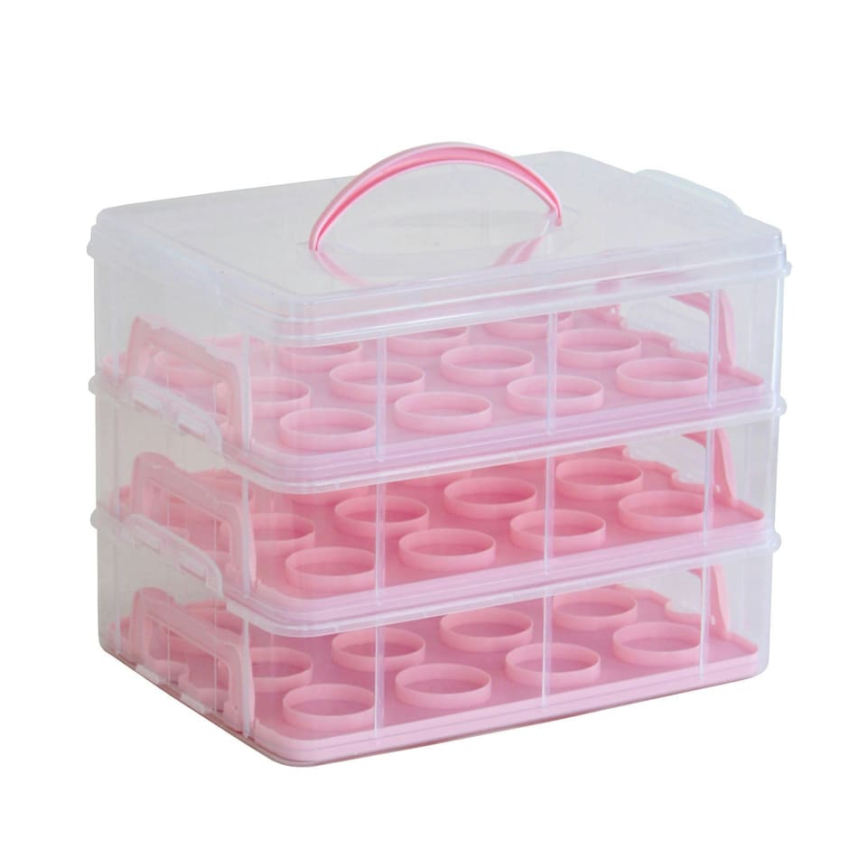 image 1 of Oypla Pink 3 Tier 36 Cupcake Plastic Carrier Holder Storage Container Pink