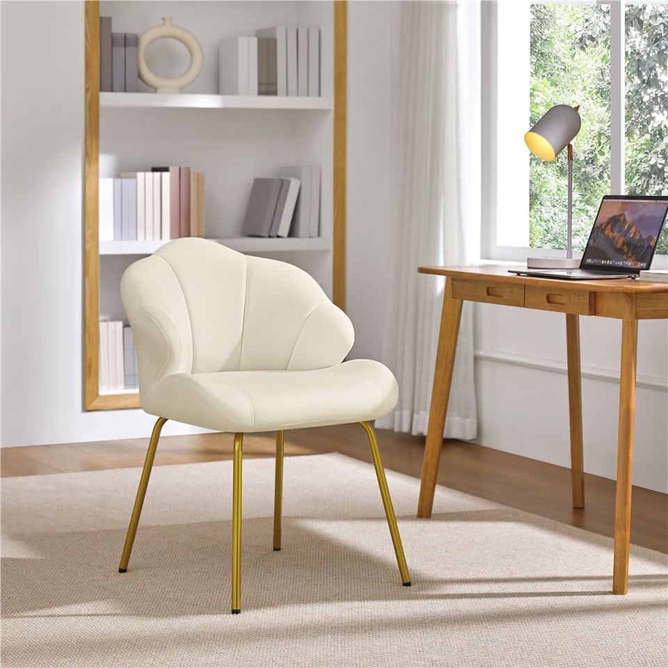 image 1 of Yaheetech Vanity Chair with Shell-shaped Backrest and Golden Metal Legs for Living Room-Beige