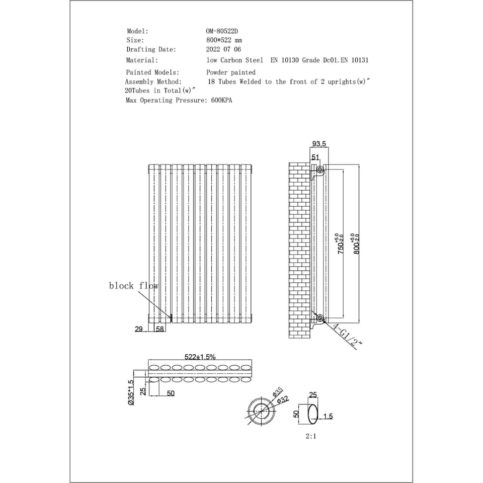 image 1 of Omeara Designer Double Panel Heated Bathroom Radiator - White - (H) 800mm x (W) 522mm